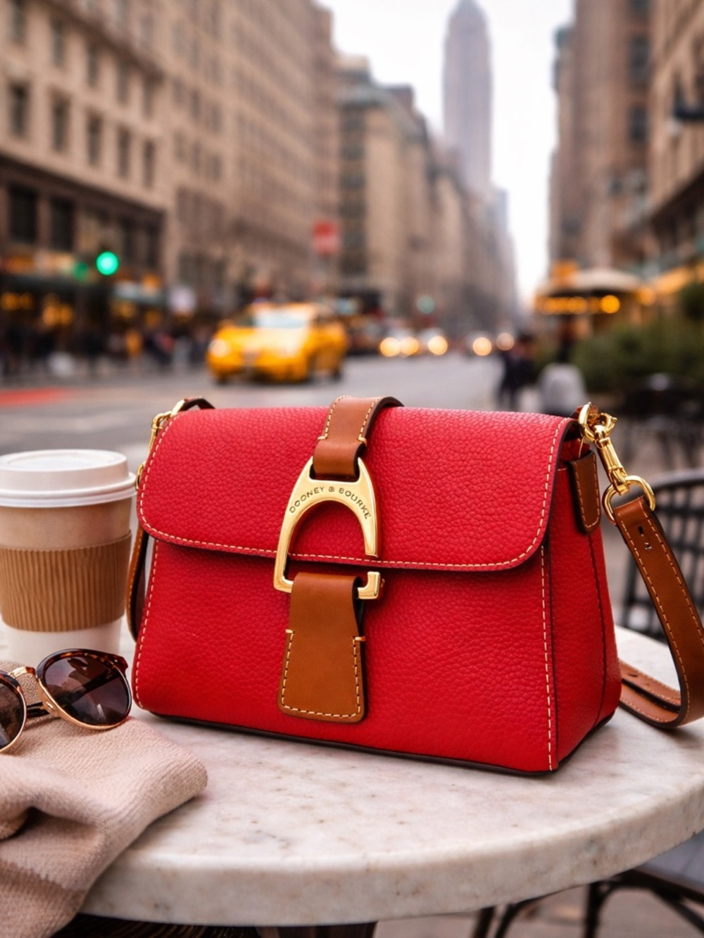 Dooney & Bourke Red Leather Shoulder Bag with Brown Trim and Gold Hardware